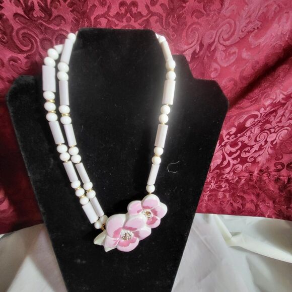 Pink Posies Porcelain & Bead Necklace 16" - Picture 1 of 4